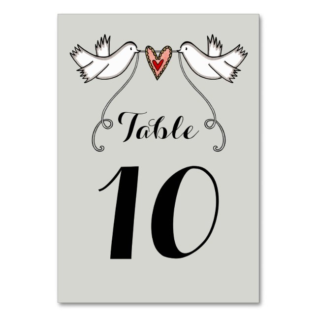 Custom White Doves Love Heart Wedding Table Number (Front)