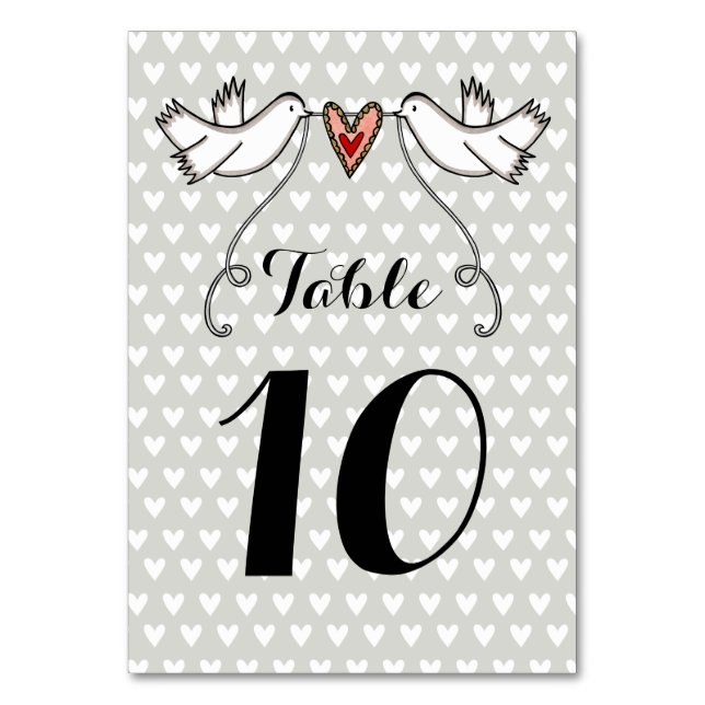 Custom White Doves Love Heart Wedding Table Number (Front)