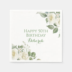 Custom White Floral 50th BIrthday Party Napkin