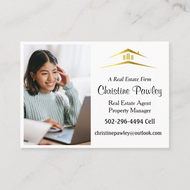 Custom White + Gold Home Realtors Luxury Modern Business Card (Front)