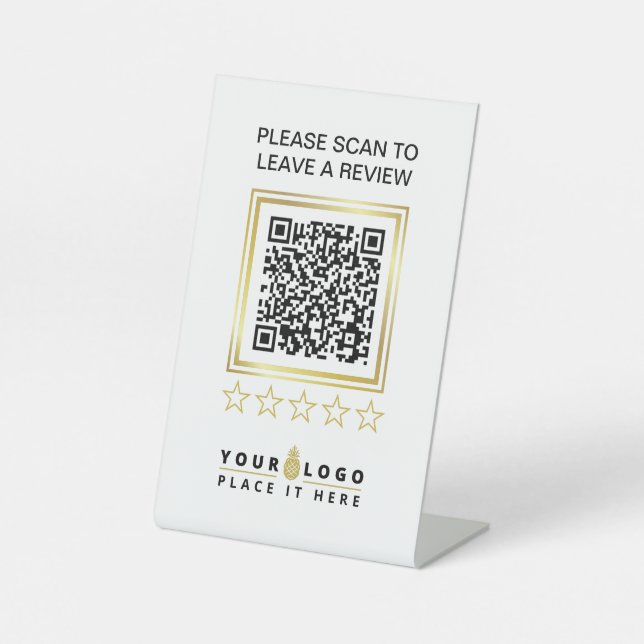 Custom White Gold QR Code Business Logo Review Pedestal Sign (Front)