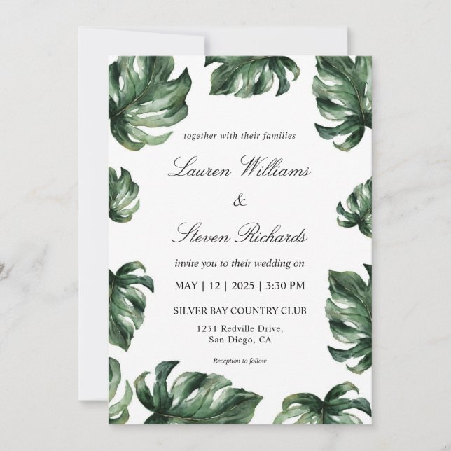 Custom White Green Elegant Palm Leaves  Wedding Invitation (Front)