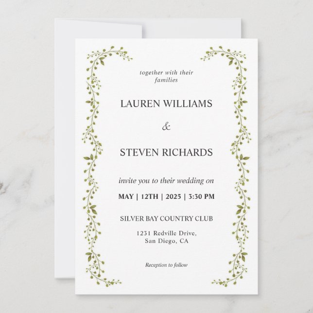 Custom White  Green Leaf Border Wedding Invitation (Front)