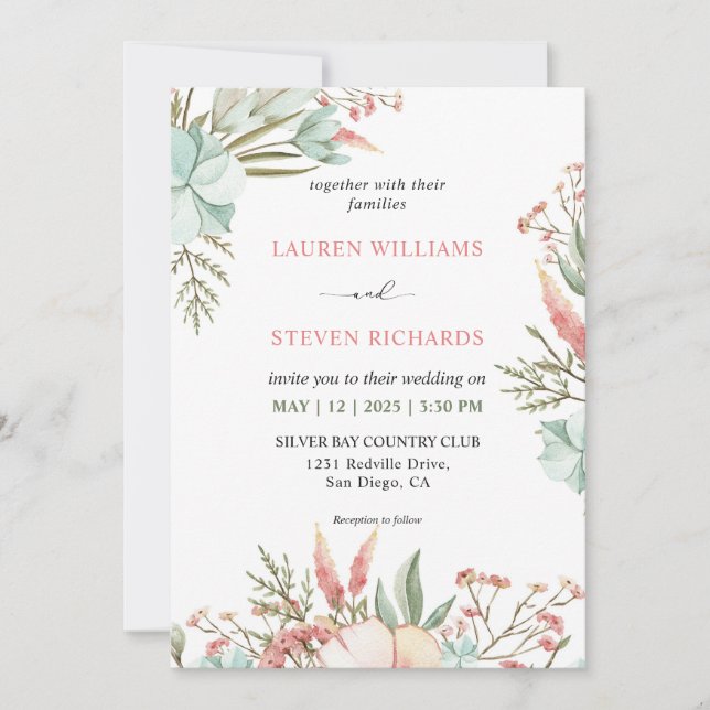 Custom White Green Pink Pastel Boho Wedding Invitation (Front)