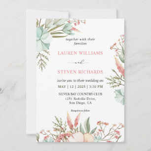 Custom White Green Pink Pastel Boho Wedding Invitation