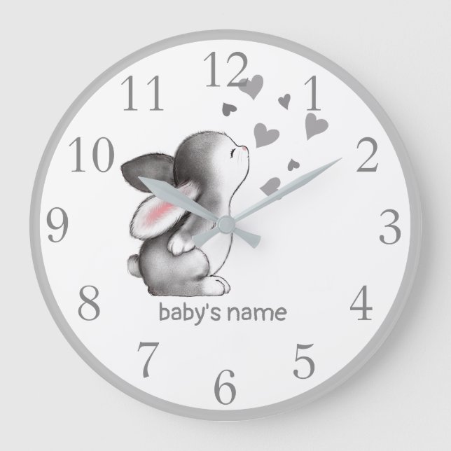 Custom White Grey Bunny Nursery Decor Wall Clock (Front)