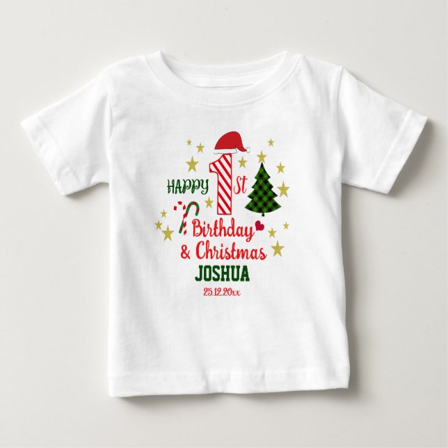 Custom White Happy 1st Birthday & First Christmas  Baby T-Shirt (Front)