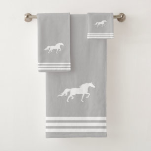 Custom White Horse & Three Stripes on Light Grey Bath Towel Set