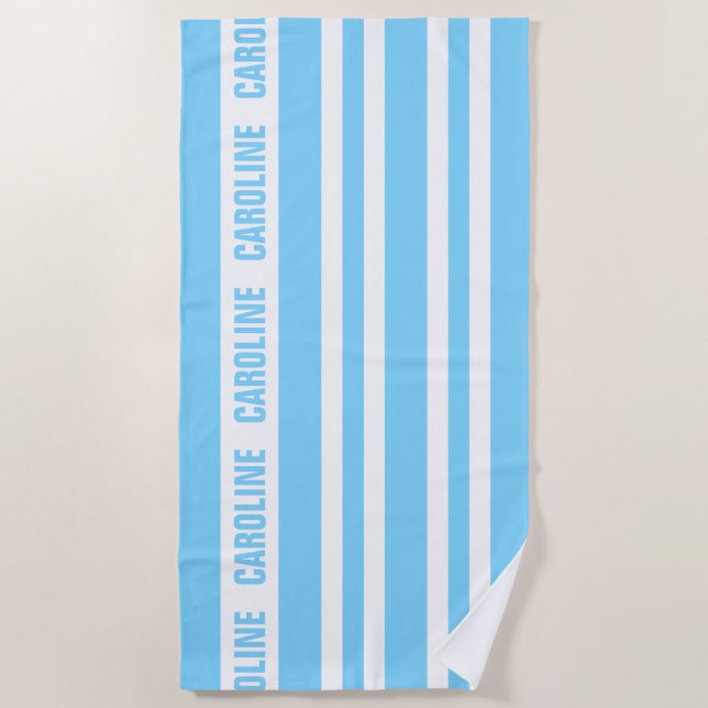 Custom White Light Blue Stripes Pattern Beach Towel (Front)