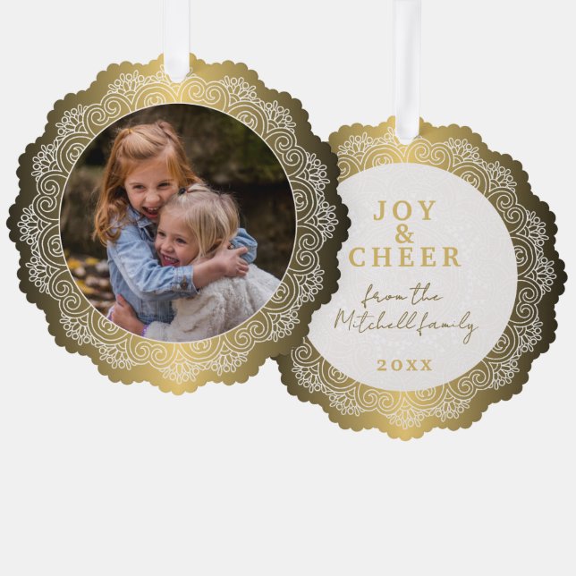 Custom White Mandala Wreath On Faux Gold Tree Decoration Card (Front/Back)