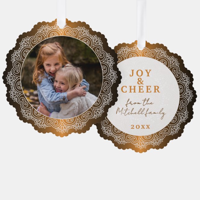 Custom White Mandala Wreath On Faux Red Copper Tree Decoration Card (Front/Back)