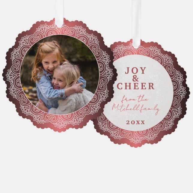 Custom White Mandala Wreath On Faux Red Metal Tree Decoration Card (Front/Back)