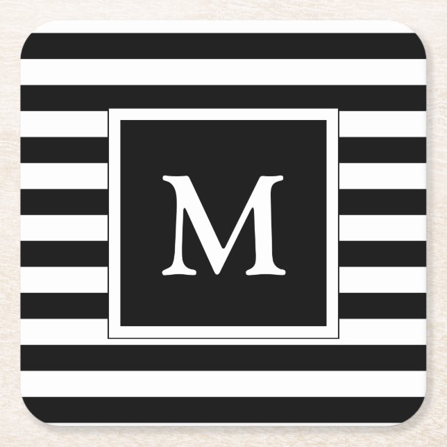 Custom White Monogram with Black and White Stripes Square Paper Coaster (Front)