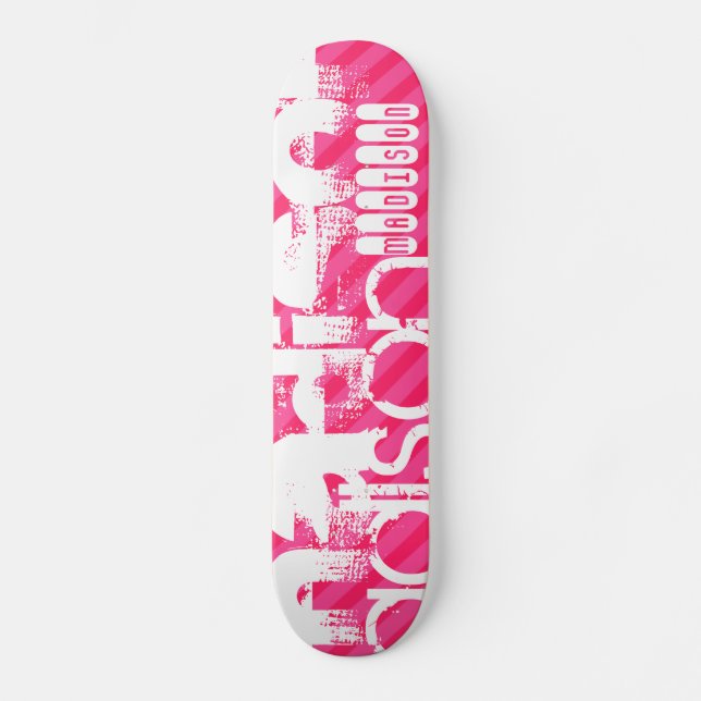 Custom White Name Pattern on Hot Pink Stripes Skateboard (Front)