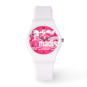 Custom White Name Pattern on Hot Pink Stripes Watch