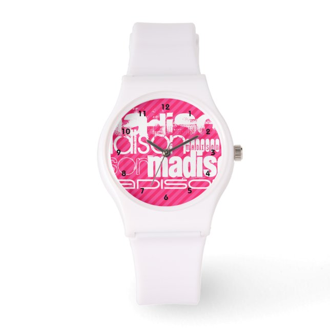 Custom White Name Pattern on Hot Pink Stripes Watch (Front)