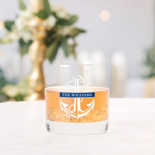 Custom White Nautical Anchor Name On Navy Blue Whiskey Glass