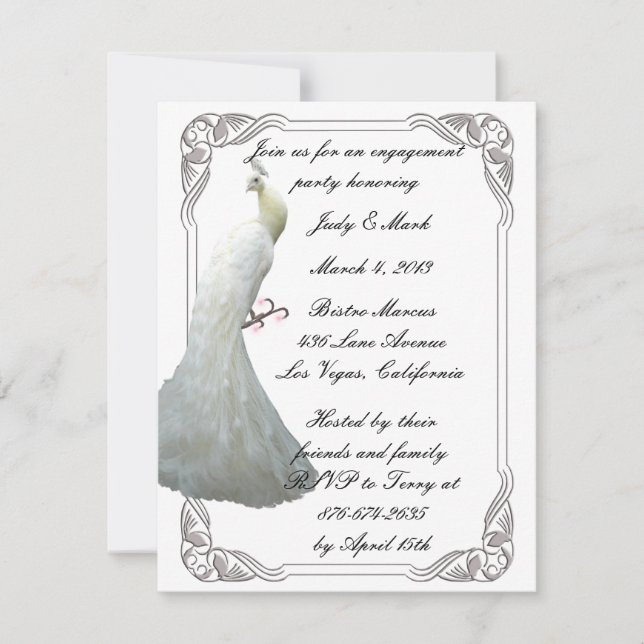 Custom White Peacock Engagement Party Invitation (Front)