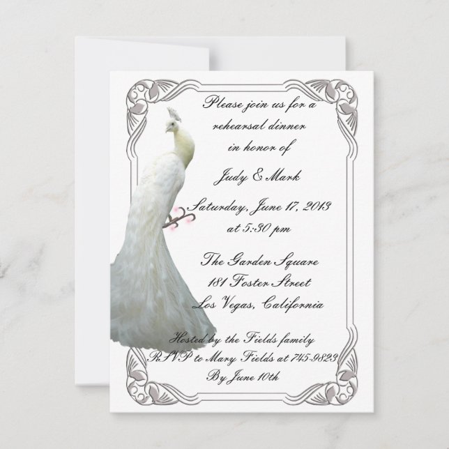 Custom White Peacock Rehearsal Dinner Invitation (Front)