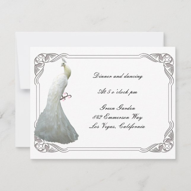 Custom White Peacock Wedding Reception Card (Front)
