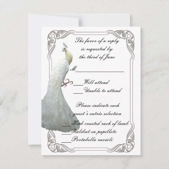 Custom White Peacock Wedding Response Card (Front)