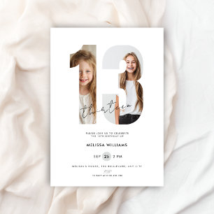 Custom White Photo Girls Number 13th Birthday Invitation
