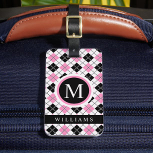 Custom White Pink Black Chequered Argyle Pattern Luggage Tag