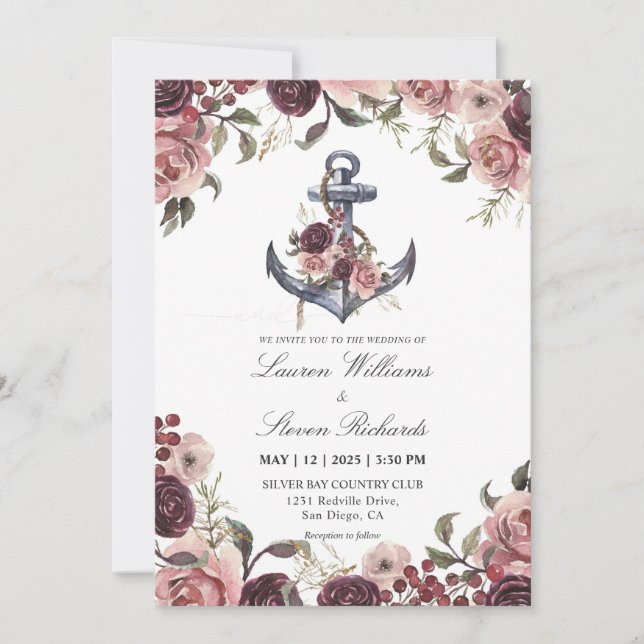 Custom White Pink Purple Anchor And Floral Frame Invitation (Front)