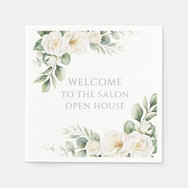 Custom White Rose Floral Open House Napkin (Front)