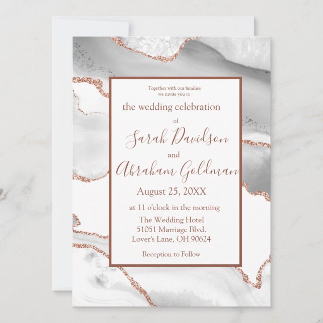 Custom White Rose Gold Agate Wedding Invitations (Front)