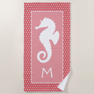 Custom White Seahorse Polka Dots On Blush Pink Beach Towel