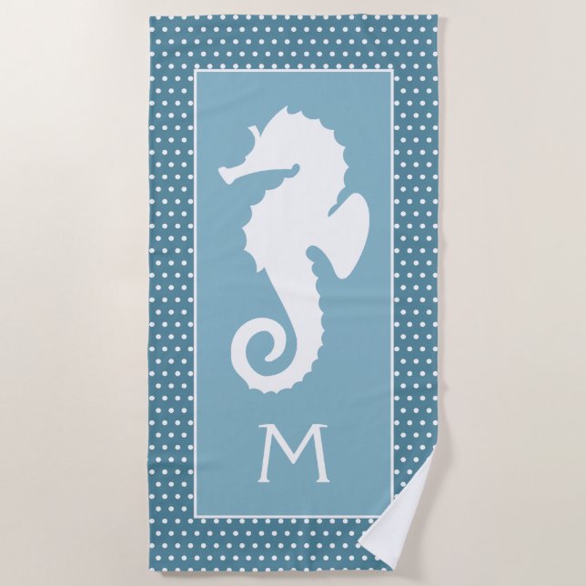 Custom White Seahorse Polka Dots Turquoise Teal Beach Towel (Front)