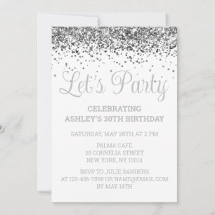 Custom White & Silver Glitter 30th Birthday Party Invitation