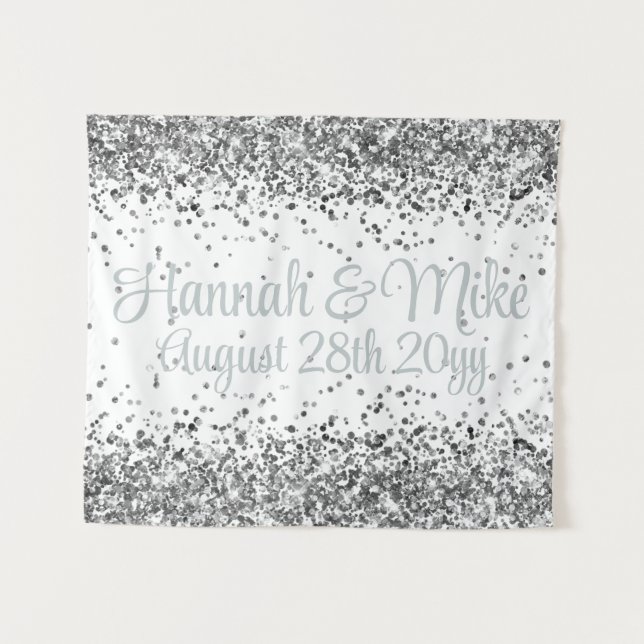 Custom White & Silver Glitter Wedding Photo Booth Tapestry (Front (Horizontal))