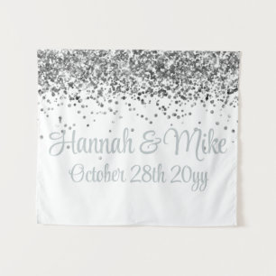 Custom White & Silver Glitter Wedding Photo Booth Tapestry