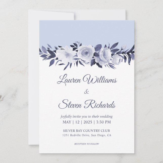 Custom White Soft Blue Antoinette Florals wedding Invitation (Front)