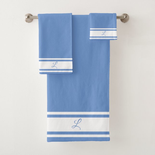 Custom white stripe bands monogram bath towel set (Insitu)