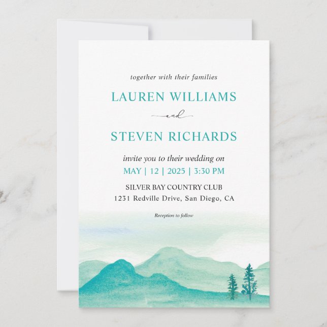 Custom White Teal Blue Desert mountains Wedding Invitation (Front)