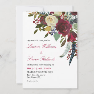 Custom White Wine Red Boho Bordo Flowers Wedding Invitation