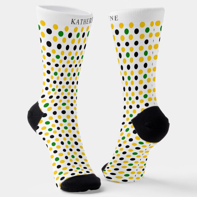 Custom White Yellow Green Black Polka Dot Design Socks (Angled)