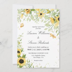 Custom White Yellow Sunflowers & Butterfly Wedding Invitation