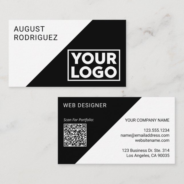 Custom Wide Logo QR Code Black White Geometric Business Card (Front/Back)