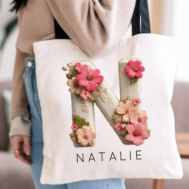 Custom Wildflower Initial Birthday | Graduation Tote Bag (Custom Botanical Letter N Book Bag for Students | Feminine Floral Embroidery Effect Initial Tote)