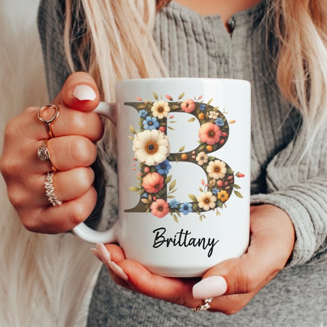 Custom Wildflower Initial Monogram Mug for Girls (floral mothers day mug, custom floral mug for her, birth month floral mug for women or moms,)