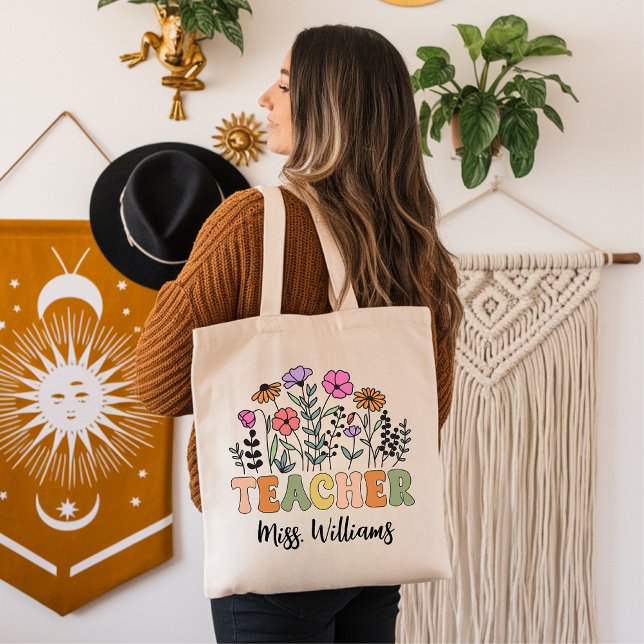 Custom Wildflower Teacher Bag, Back to School Gift Tote Bag (retro teacher tote bag, teacher appreciation gift, back to school gift for teacher,)