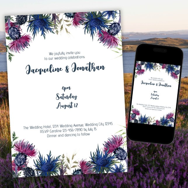 Custom Wildflower Thistles Navy Blue Wedding Invitation (Creator Uploaded)