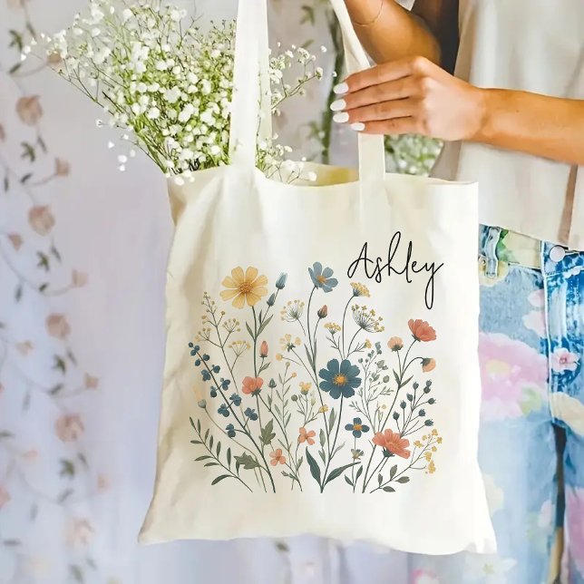 Custom Wildflower Tote Bag Gift for Mum Bridesmaid (wildflowers tote bag, personalized tote bag, floral tote bag, bridesmaid proposal gift, teacher gift)