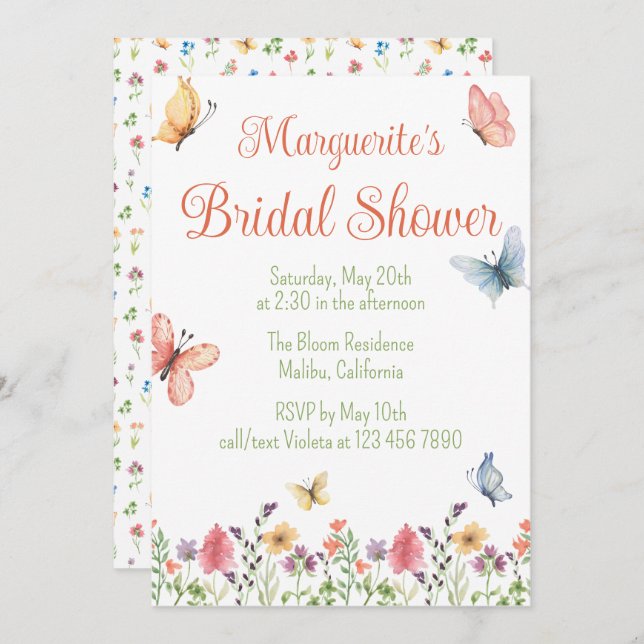 Custom Wildflowers and Butterflies Bridal Shower Invitation (Front/Back)