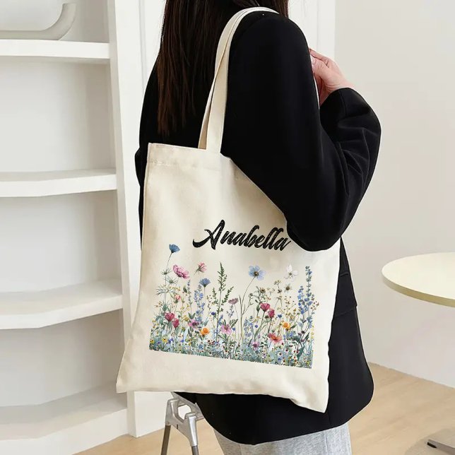Custom Wildflowers Bag for Birthday or Graduation (personalized name tote, bridesmaid gift, bridesmaid proposal tote, bridal shower gift, bachelorette)