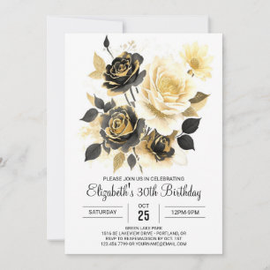 Custom Wildflowers Gold and Black 30th Birthday Invitation